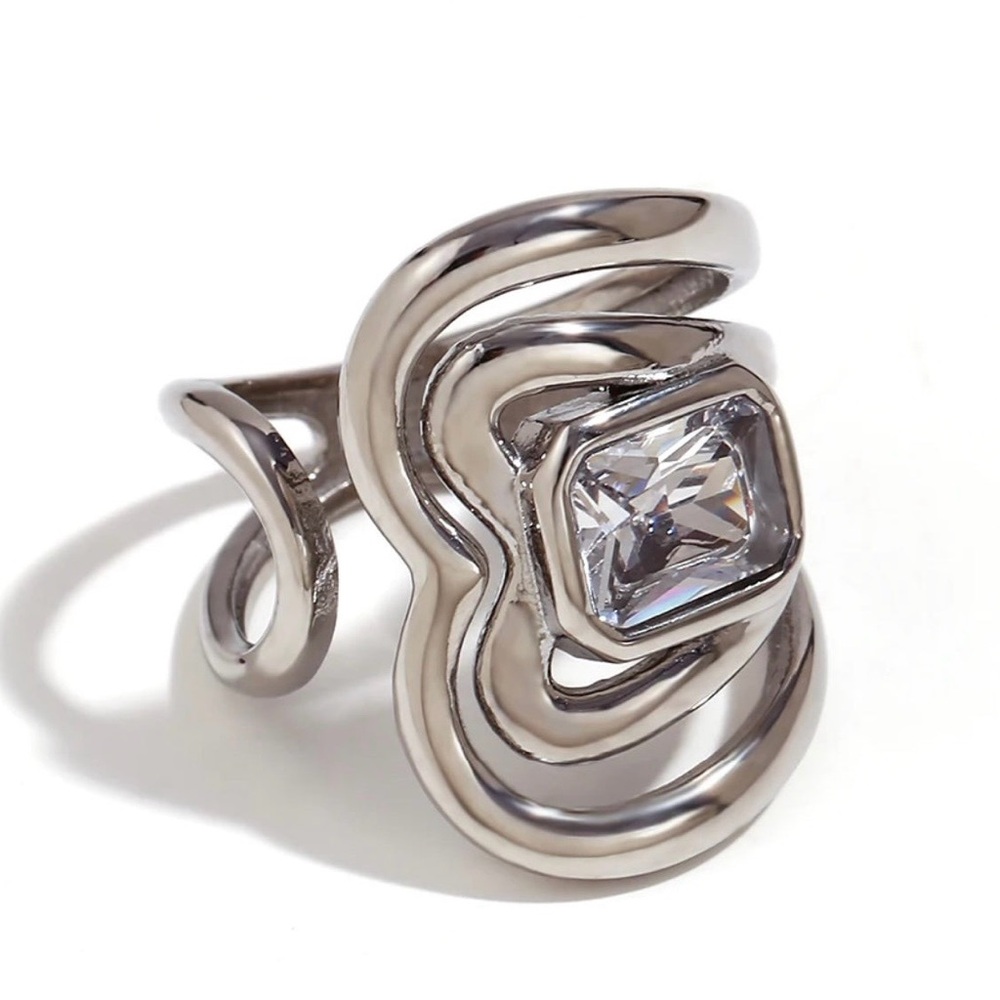 Silver-Tone Sculptural Ring with Clear Stone Stainless Steel
